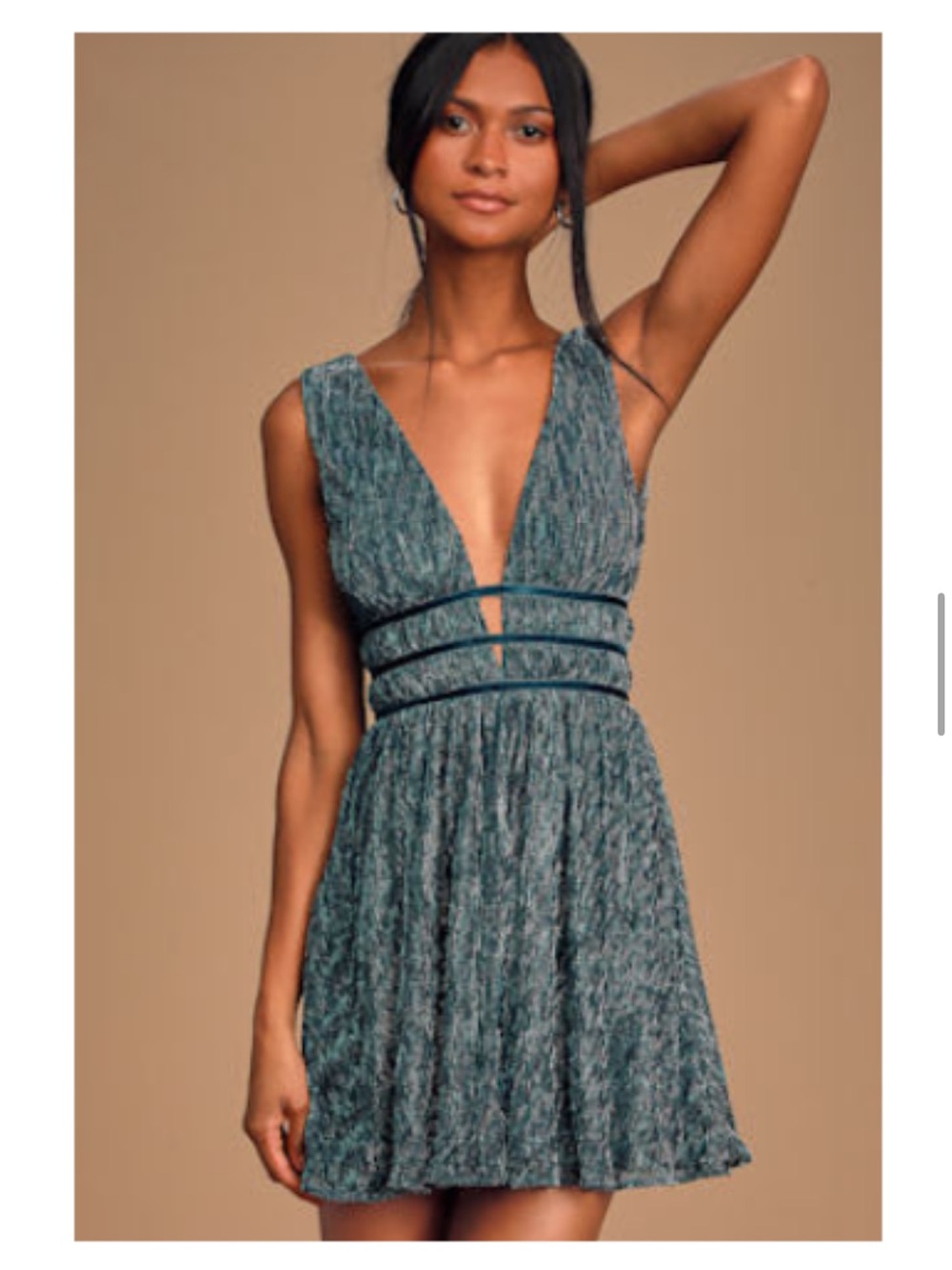 Lulu's Teal Metallic Pleated mini Dress